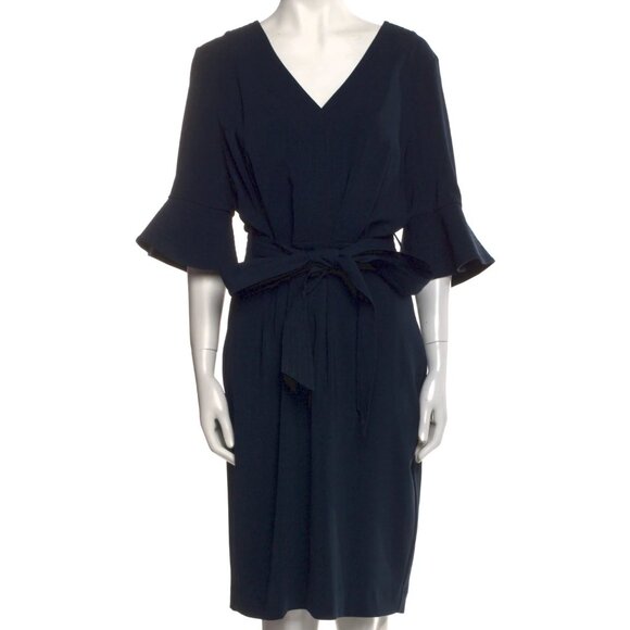 BADGLEY MISCHKA Navy Blue V-Neck Three-Quarter Ruffle Sleeve Tie-Waist Dress 8 - Picture 1 of 10